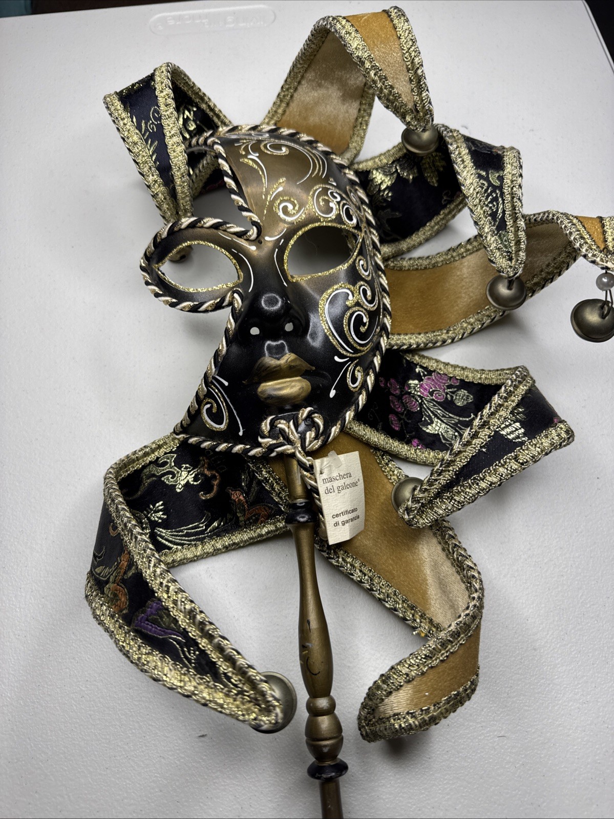 Venetian Carnevale Masquerade Mask Hand Made In Italy 22” Long W/ 7 Bells