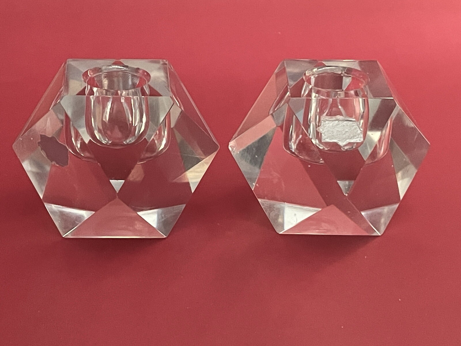 Faceted MCM 1950s 2 Candleholders Hand Cut Crystal Glass Geometric Germany