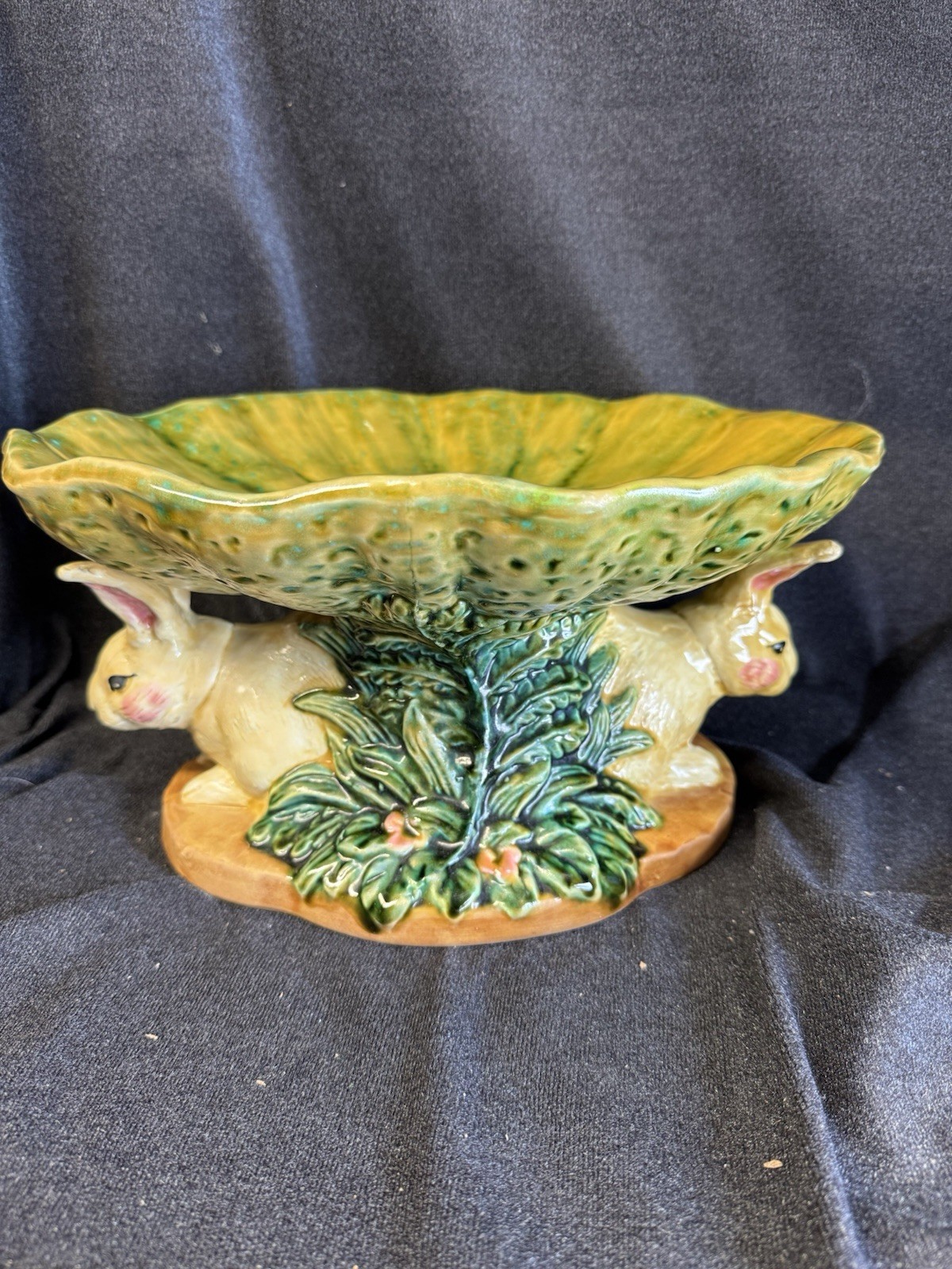 Vintage Double Rabbit Hare Bunny Majolica Compote Centerpiece Dish 12 x 6.5
