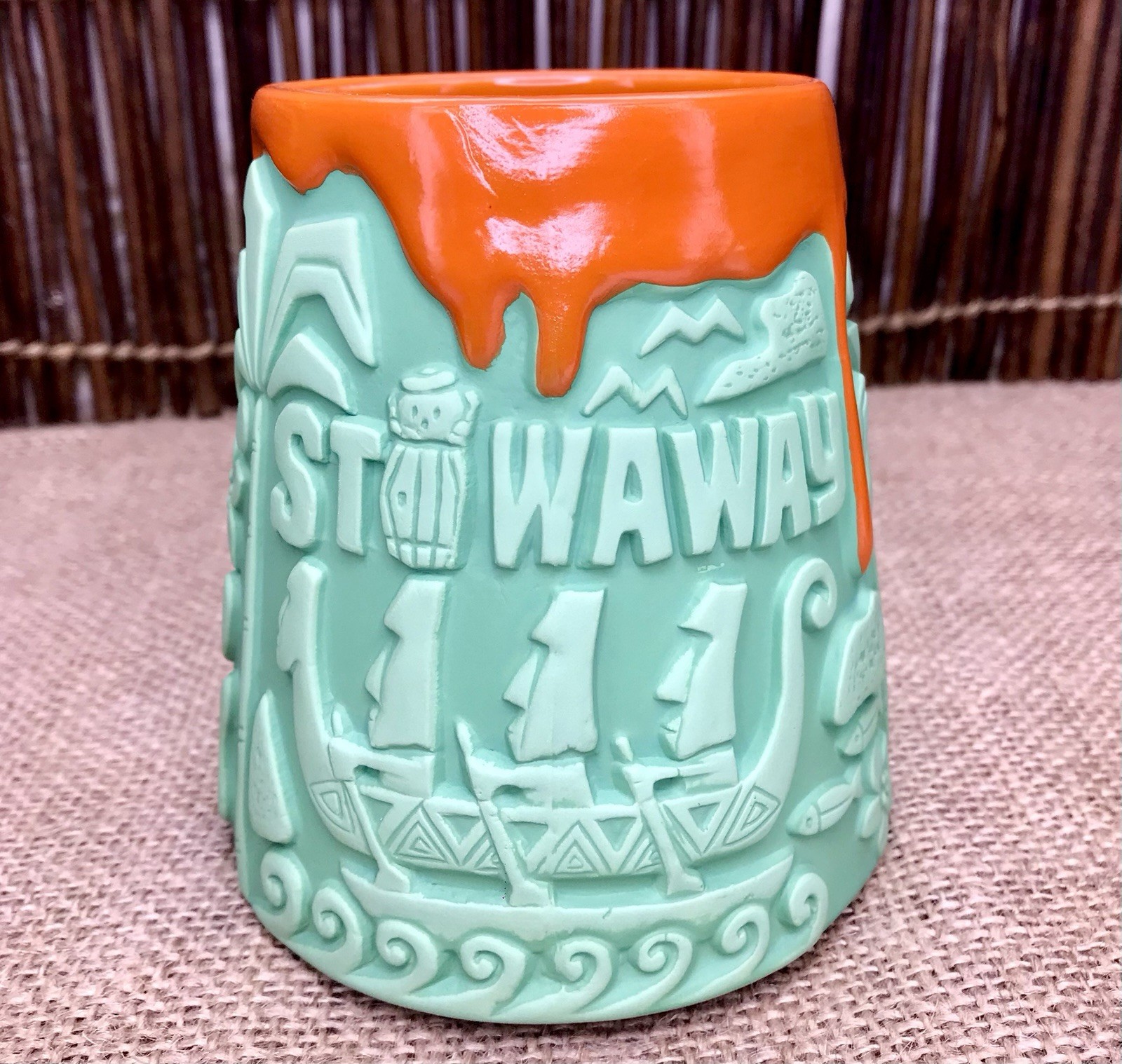 Stowaway Tiki Bar Volcano Tiki Mug Mookie Green Matte Tussin Outrigger 2nd Ed CA