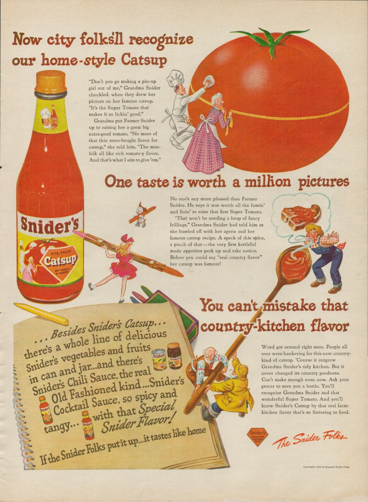 1946 Snider\'s Catsup Tomatoes Vintage Old Print Ad Vegetables Fruits Sauce Jar