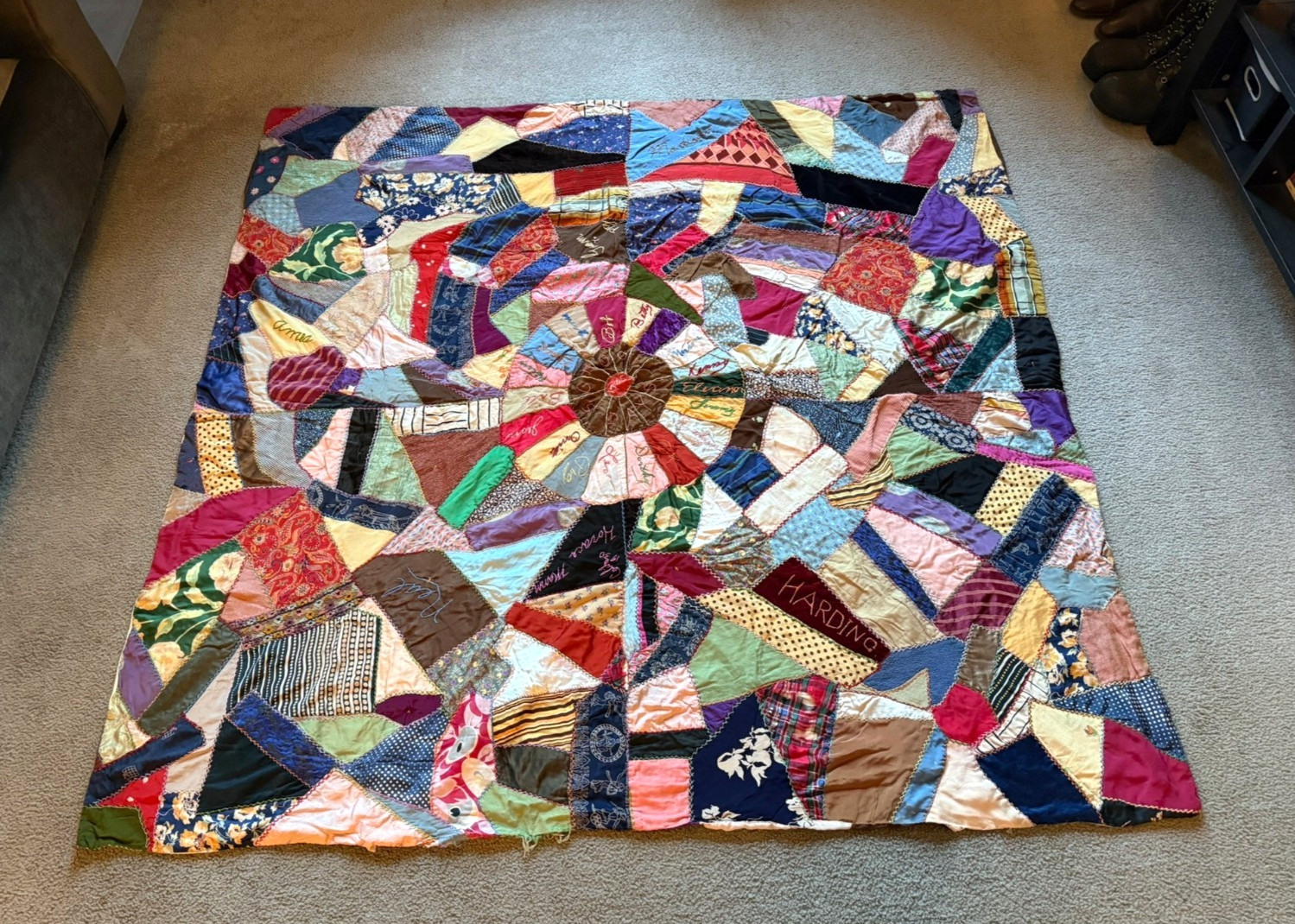 VTG Antique 1930s Hand Made Sewn School Days St. Paul MN Embroidered Crazy Quilt VTG Antique 1930s Hand Made Sewn School Days St. Paul MN Embroidered Crazy Quilt