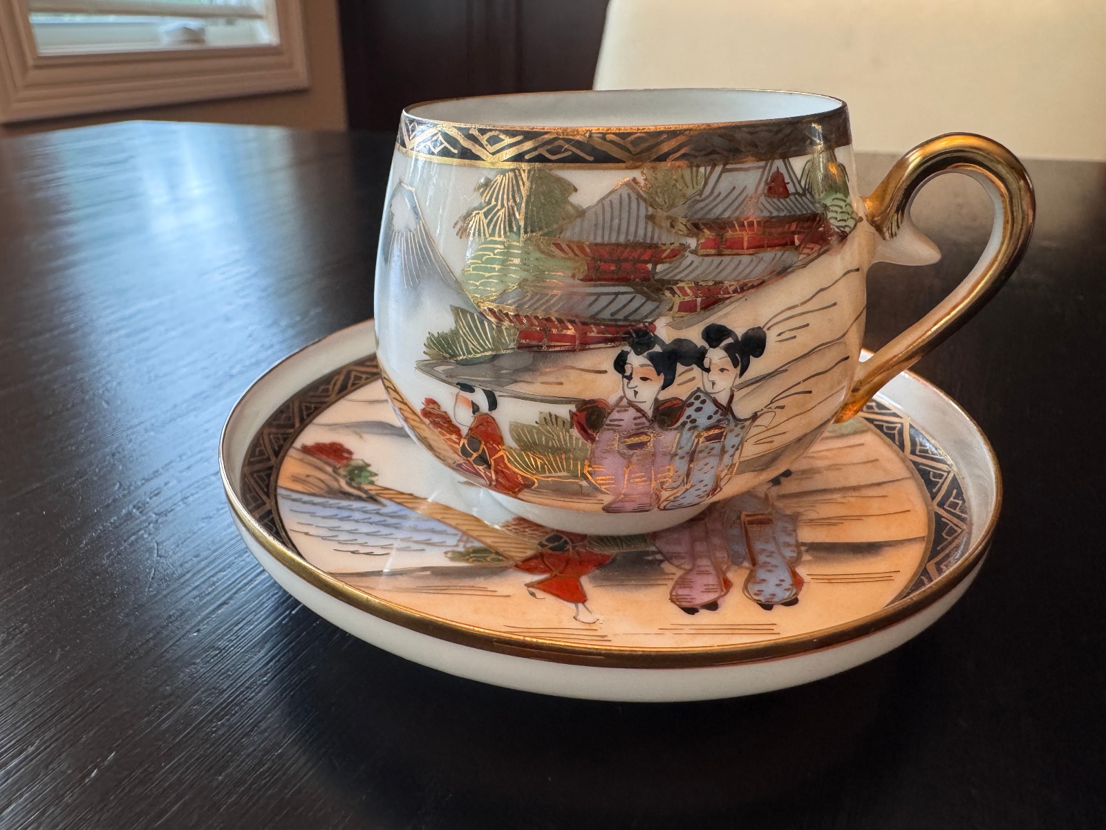 Vintage Japanese Kutani Hand Painted Porcelain Teacup & Saucer Lithophane Geisha Vintage Japanese Kutani Hand Painted Porcelain Teacup & Saucer Lithophane Geisha