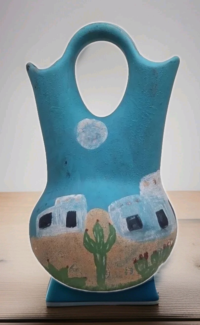 Wedding Vase Unsigned Handmade Pottery 12” Tall Southwestern Desert Americana 