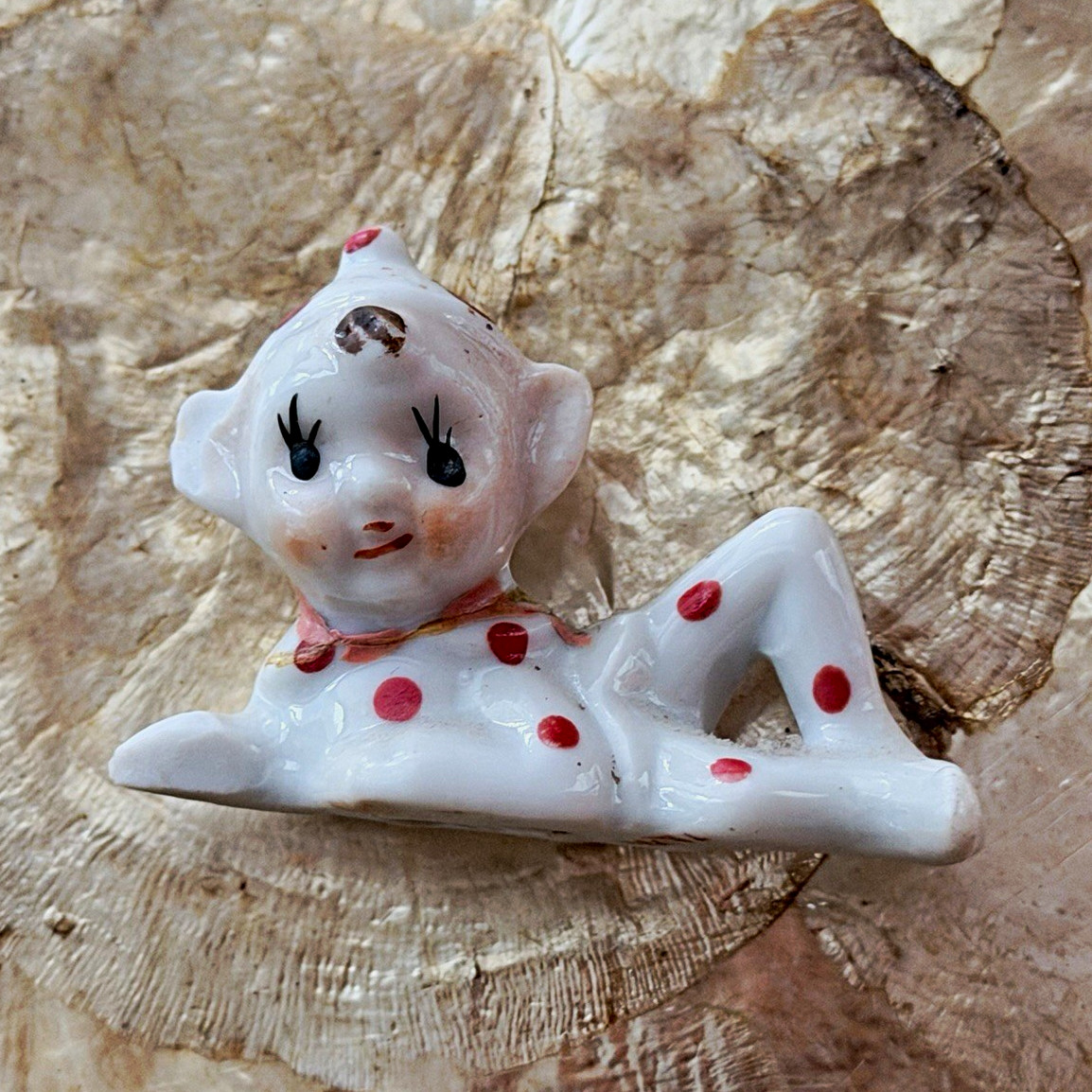 Vintage Japan Ceramic Pixie Elf Reclining Red Polka Dot Figurine 2.5” MCM Vintage Japan Ceramic Pixie Elf Reclining Red Polka Dot Figurine 2.5” MCM