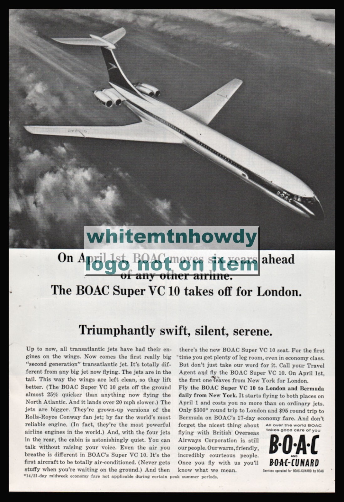 1965 BOAC British Overseas Airways Vickers VC-10 Long Body Jet Aircraft Photo AD