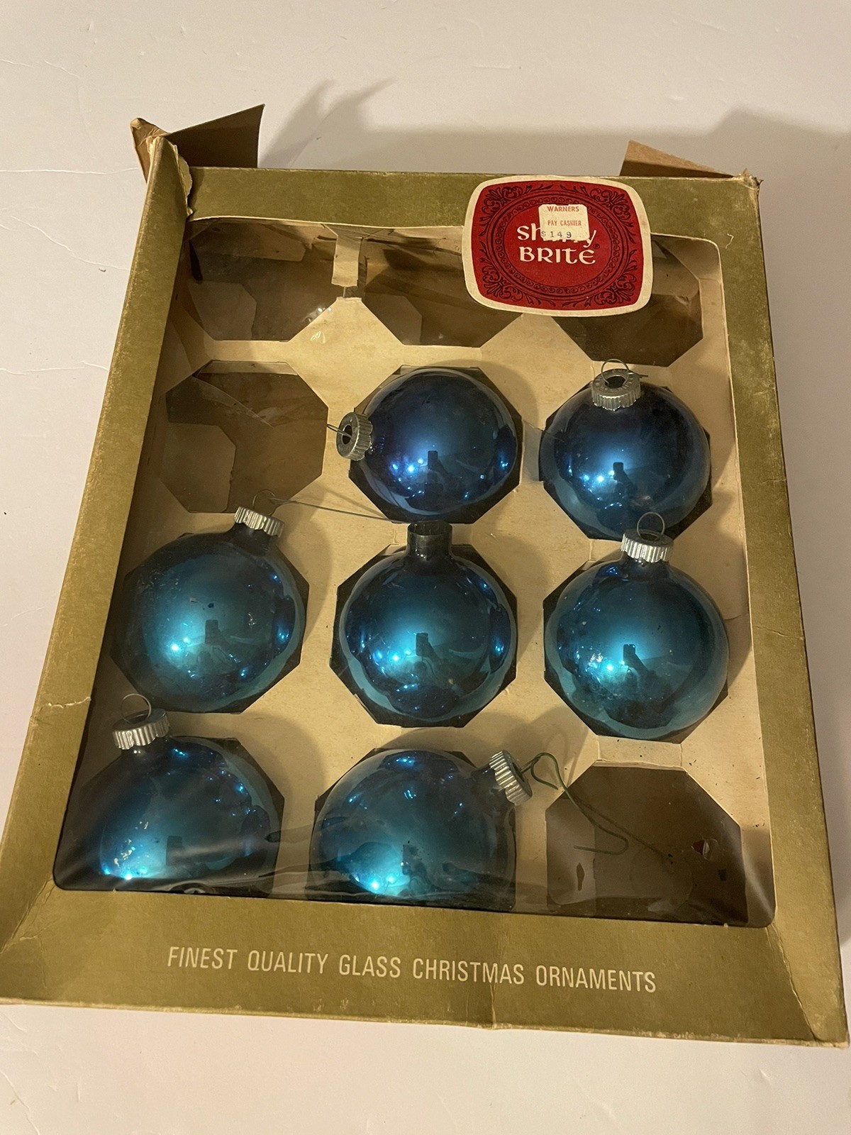 Vintage Shiny Brite Glass Blue Christmas Ornaments Set of 7 with Box 1965