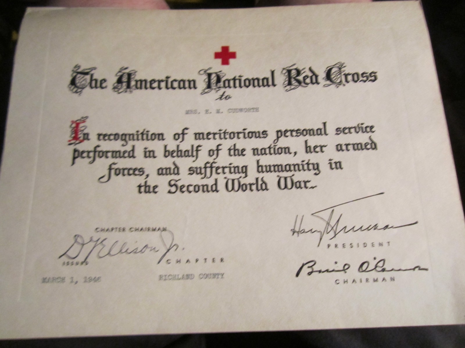 LOT OF 3 1940'S NATIONAL RED CROSS CERTIFICATES ALL  SIGNED '42 '44 '46 - BBA-52
