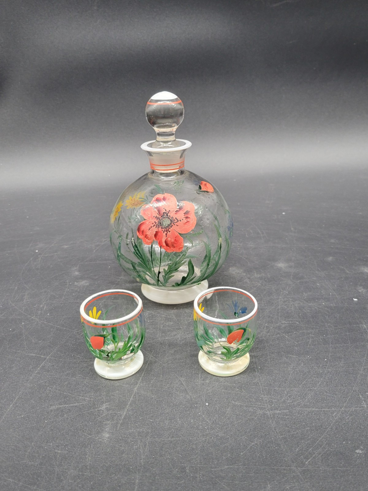 VTG Bohemian Art Deco Hand Painted Enamel Floral Glass Decanter & 2 Glasses 