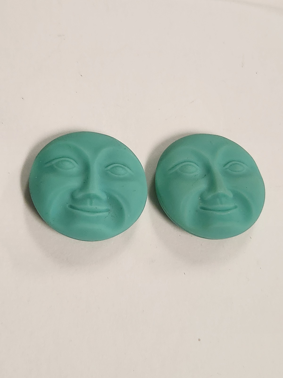 Turquoise Matte Moon Face Czech Glass Buttons Lot Of 2 New Pour Vintage Mold 