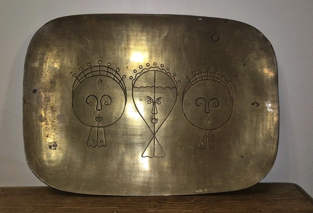 MCM Modernist Brass Tray 3 Primitive Faces Masks Etched Vintage Platter 14x10 MCM Modernist Brass Tray 3 Primitive Faces Masks Etched Vintage Platter 14x10