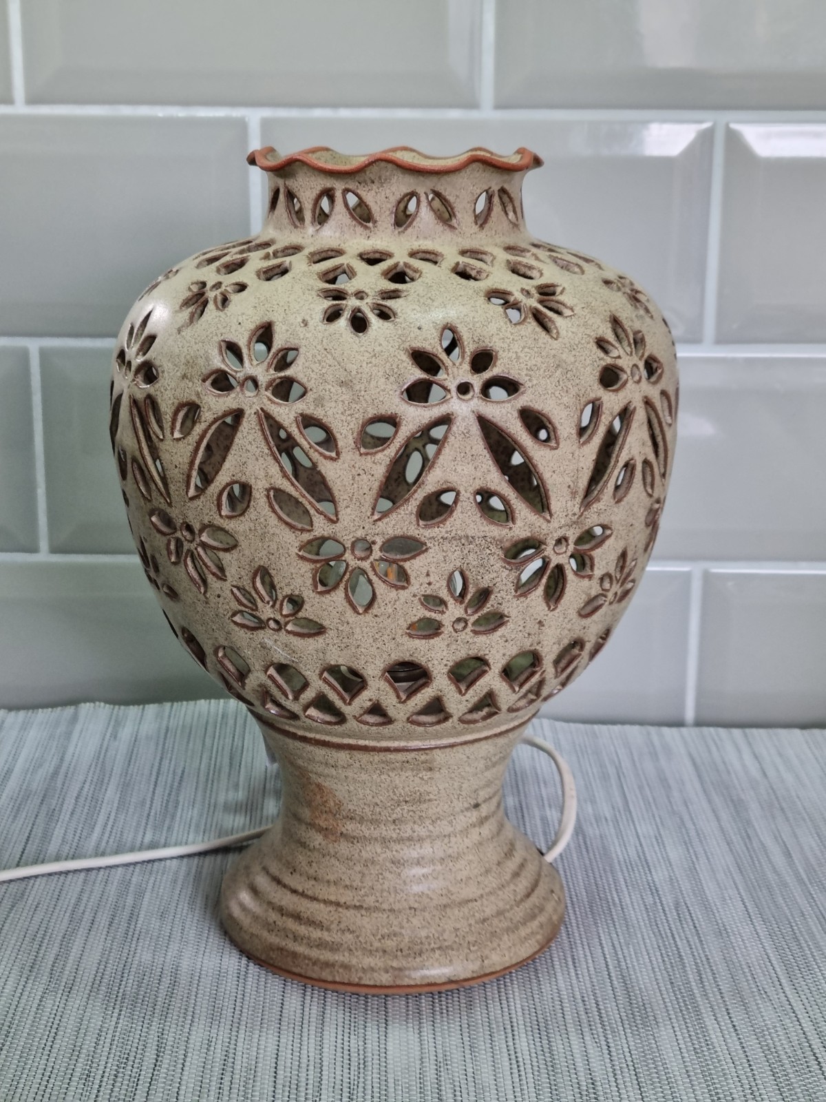 Vintage Studio Pottery Lamp Pierced Ginger Jar Shaped Stoneware 11\