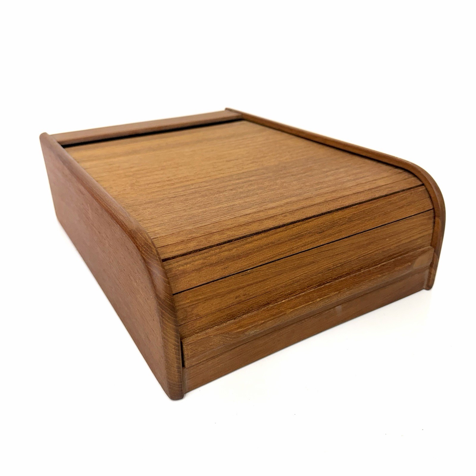 Vintage Kalmar Designs Tambour Roll Top MCM Organizer Box Teak Wood Cassettes