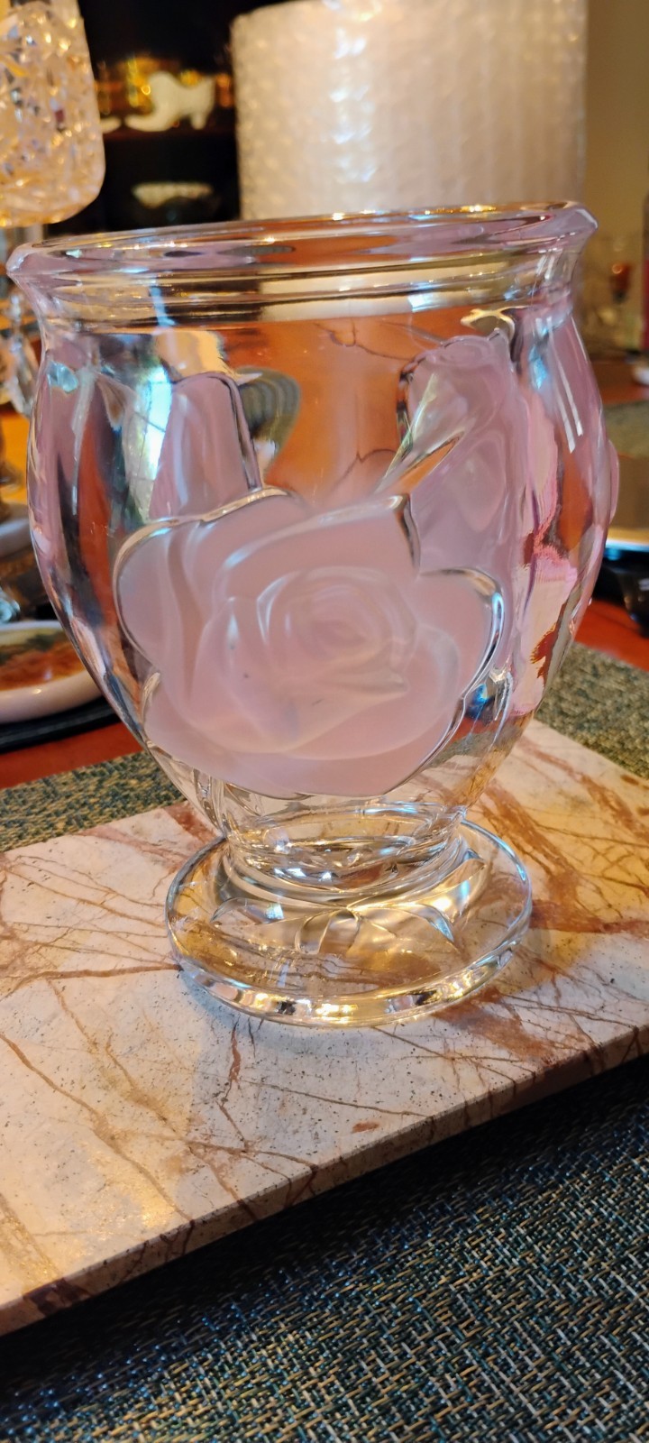 Vase Teleflora French Crystal Art Glass Puffed Pink Frosted Roses Vintage Vase Teleflora French Crystal Art Glass Puffed Pink Frosted Roses Vintage