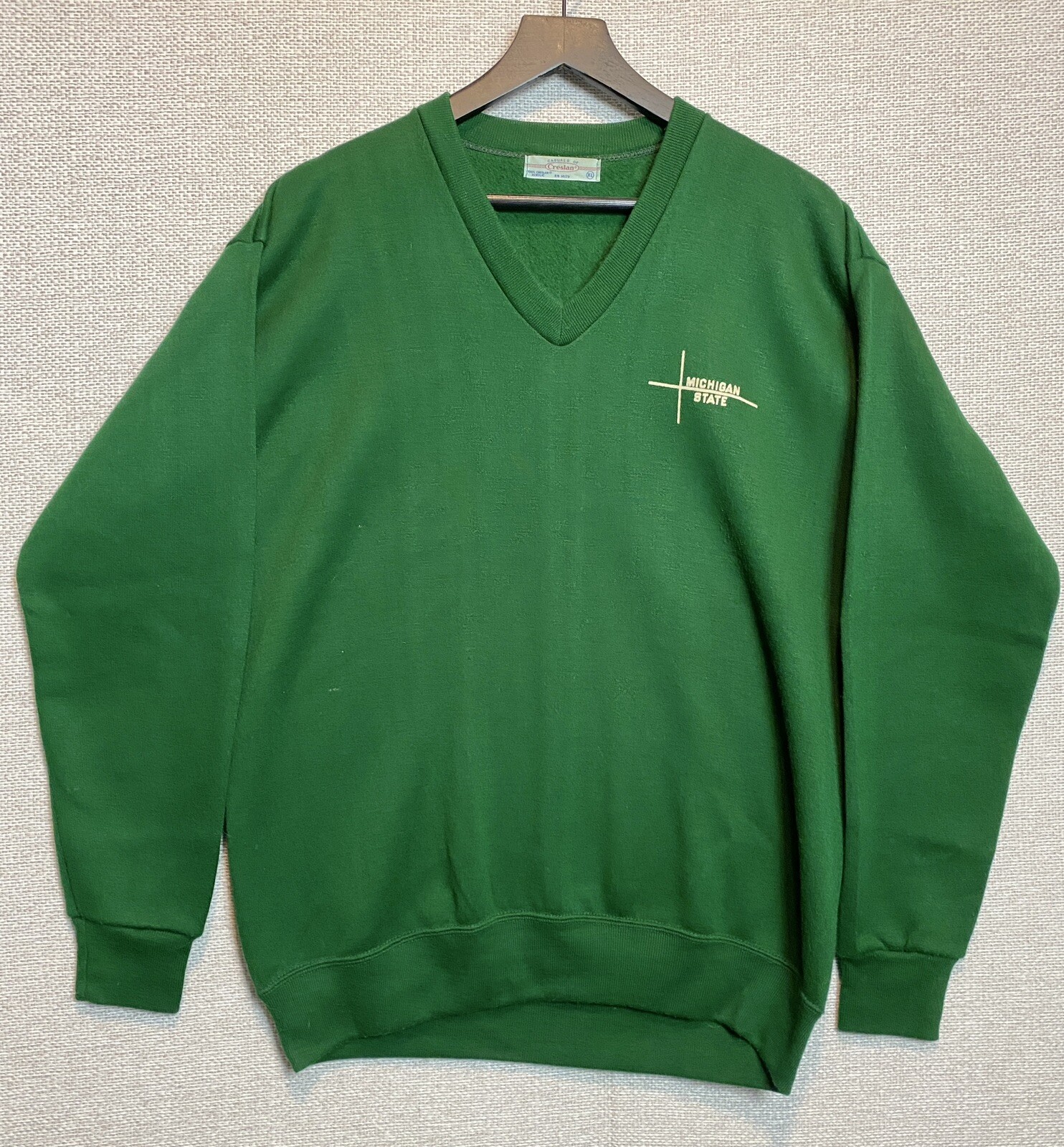 Vintage Michigan State College Casuals of Creslan Green V Neck Sweatshirt Sz XL