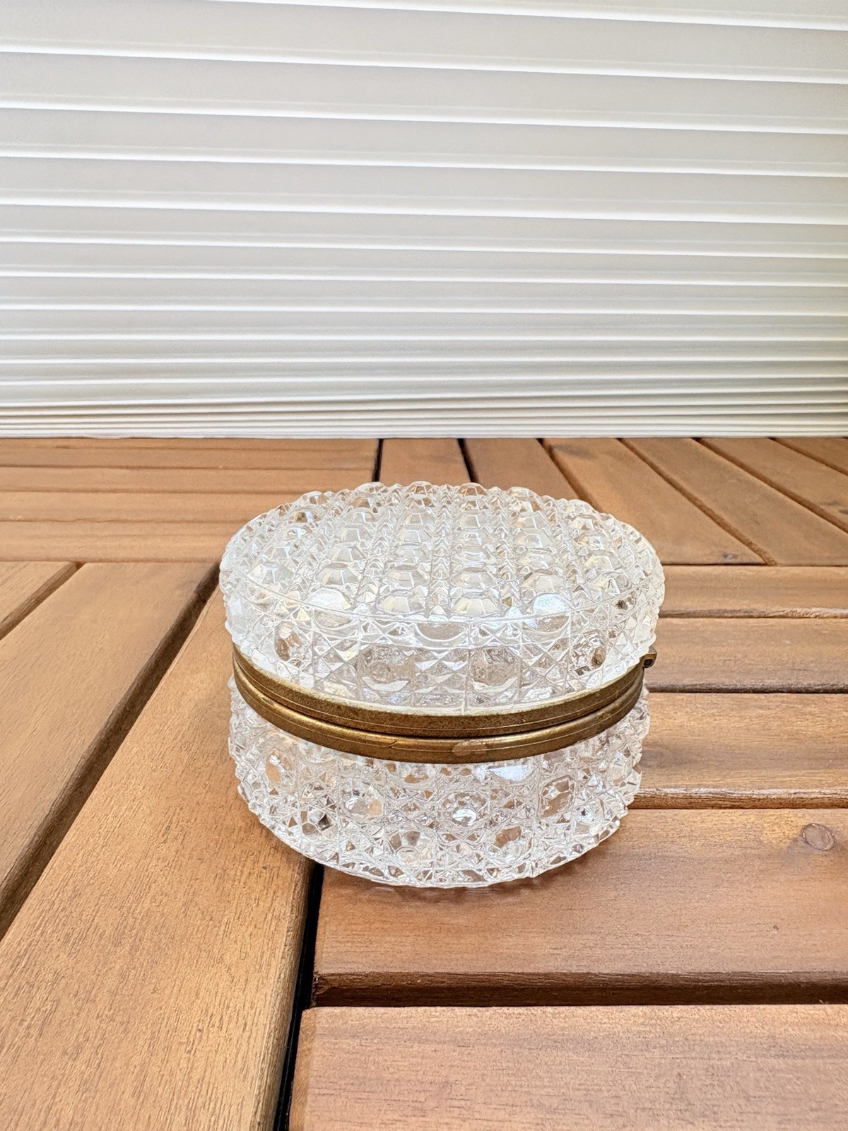 Vintage French Crystal Round Brass Hinged Casket Box Cut Glass Trinket Box Vintage French Crystal Round Brass Hinged Casket Box Cut Glass Trinket Box
