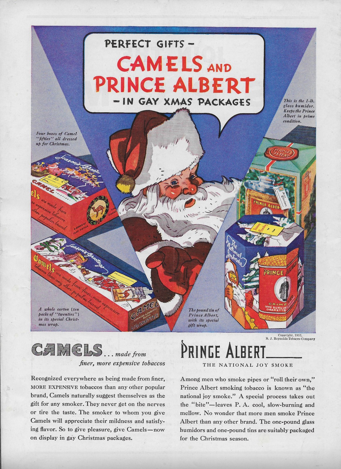 1933 Santa Camel Cigarette Prince Albert In Gay Xmas Packages Original Print Ad