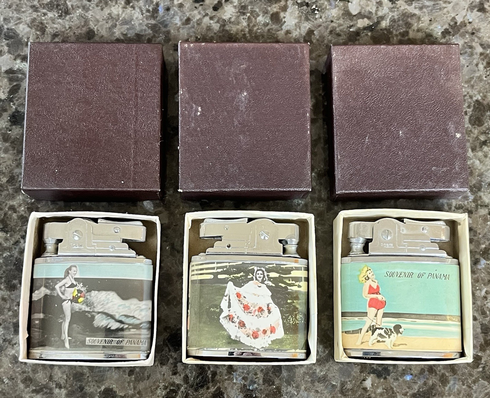 3 Nice Vintage  Panama Canal PIN UP BURLESQUE BIKINI  1950s Lighter W/their Box