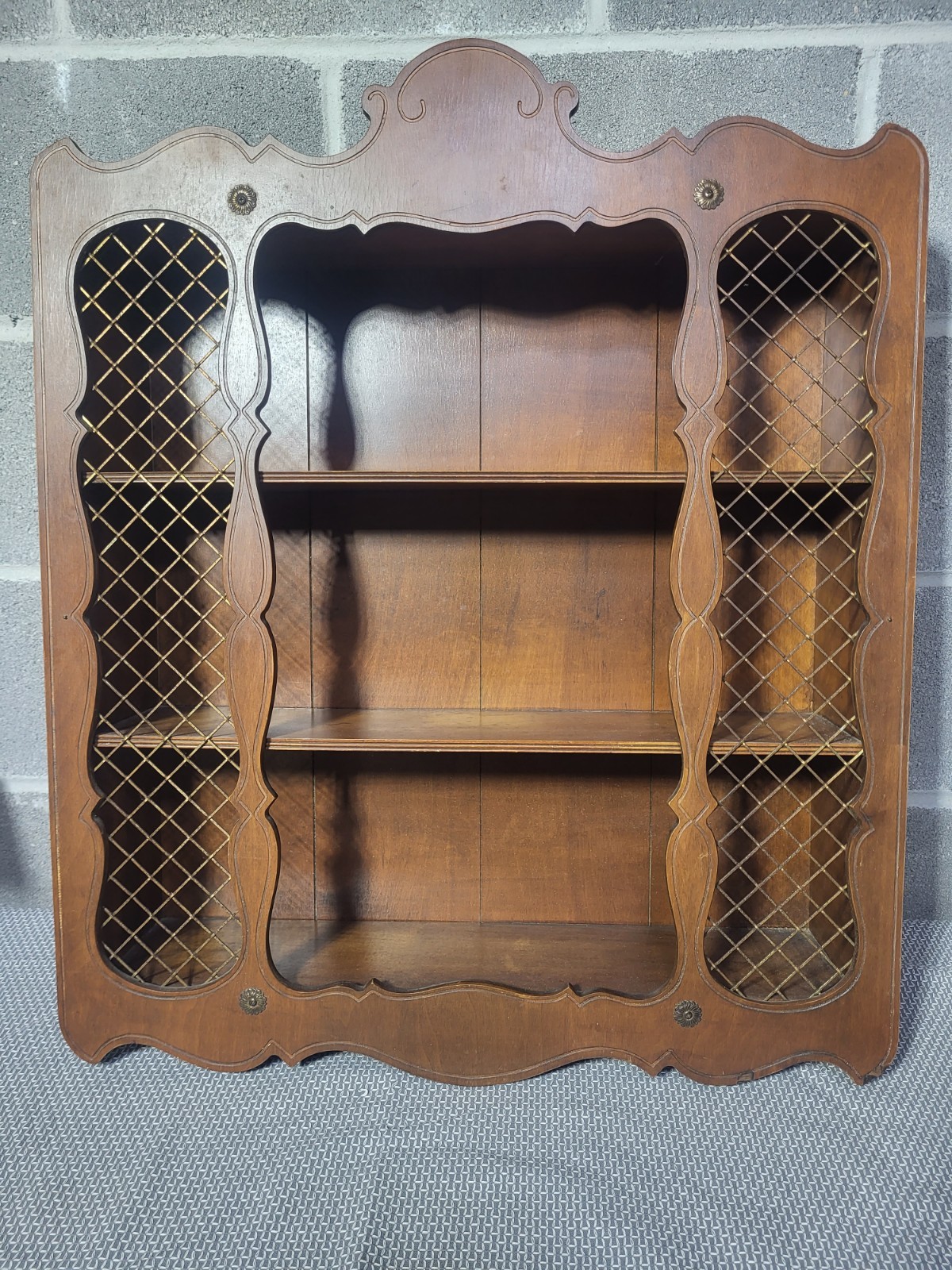 Wall curio cabinet spice rack Vintage wood with metal lattice MCM 27.5\