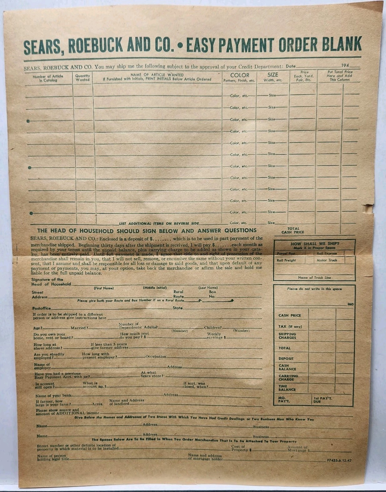 1943 Sears Roebuck Catalog Original Order Blank Form 40's