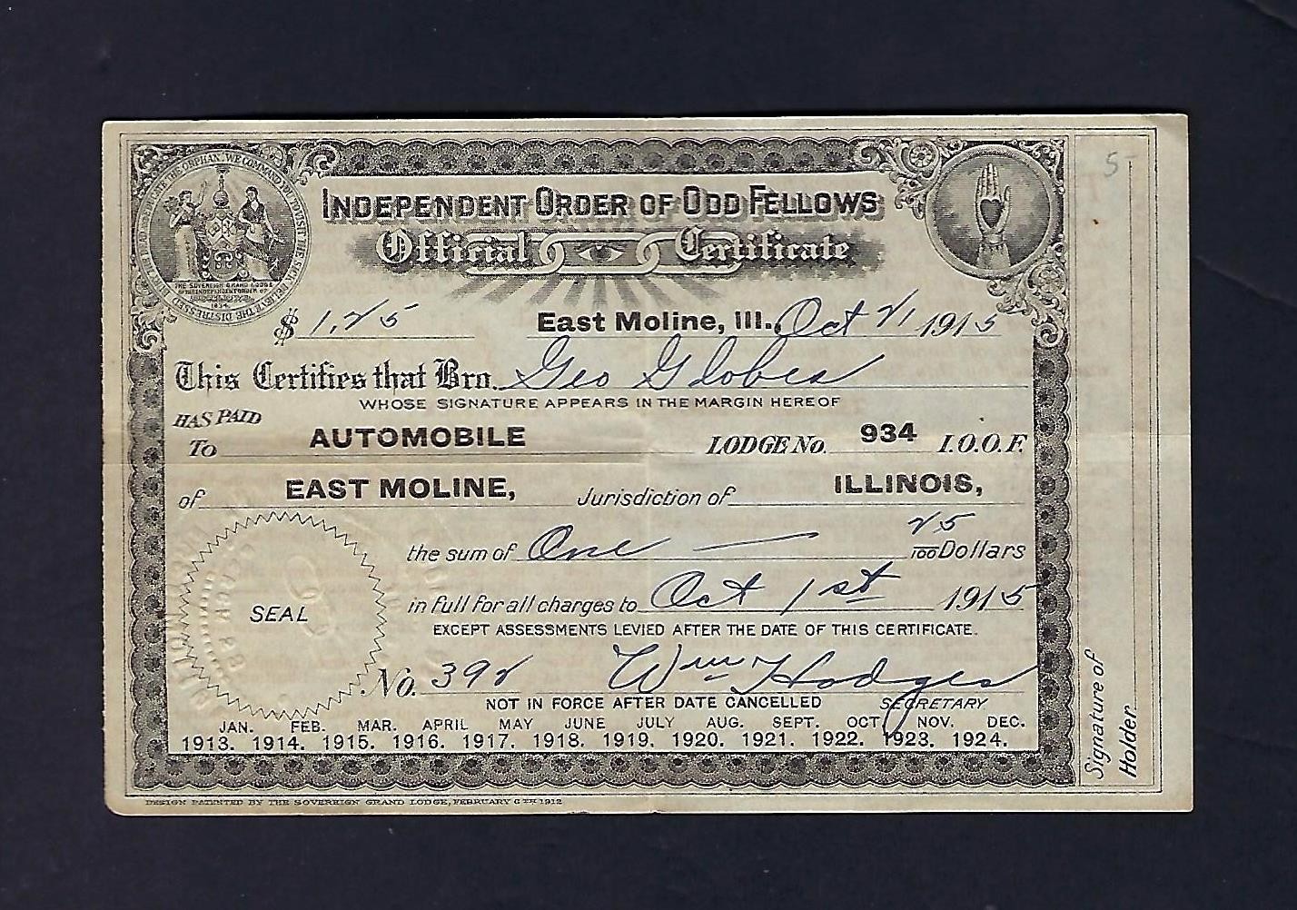 1915 Odd Fellows Certificate | East Moline IL Lodge #934 | Fraternal Ephemera