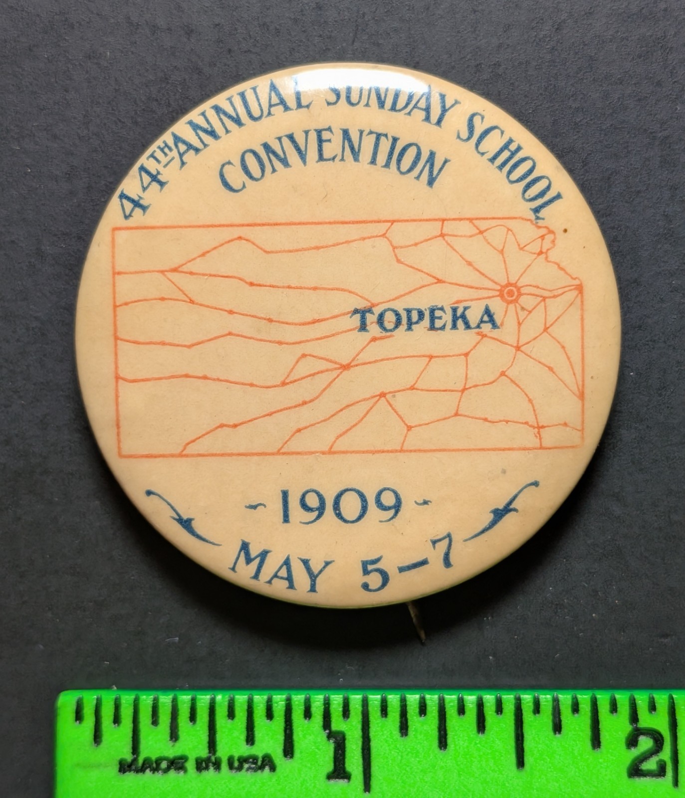 Vintage 1909 Topeka Kansas Sunday School Convention Pinback Pin