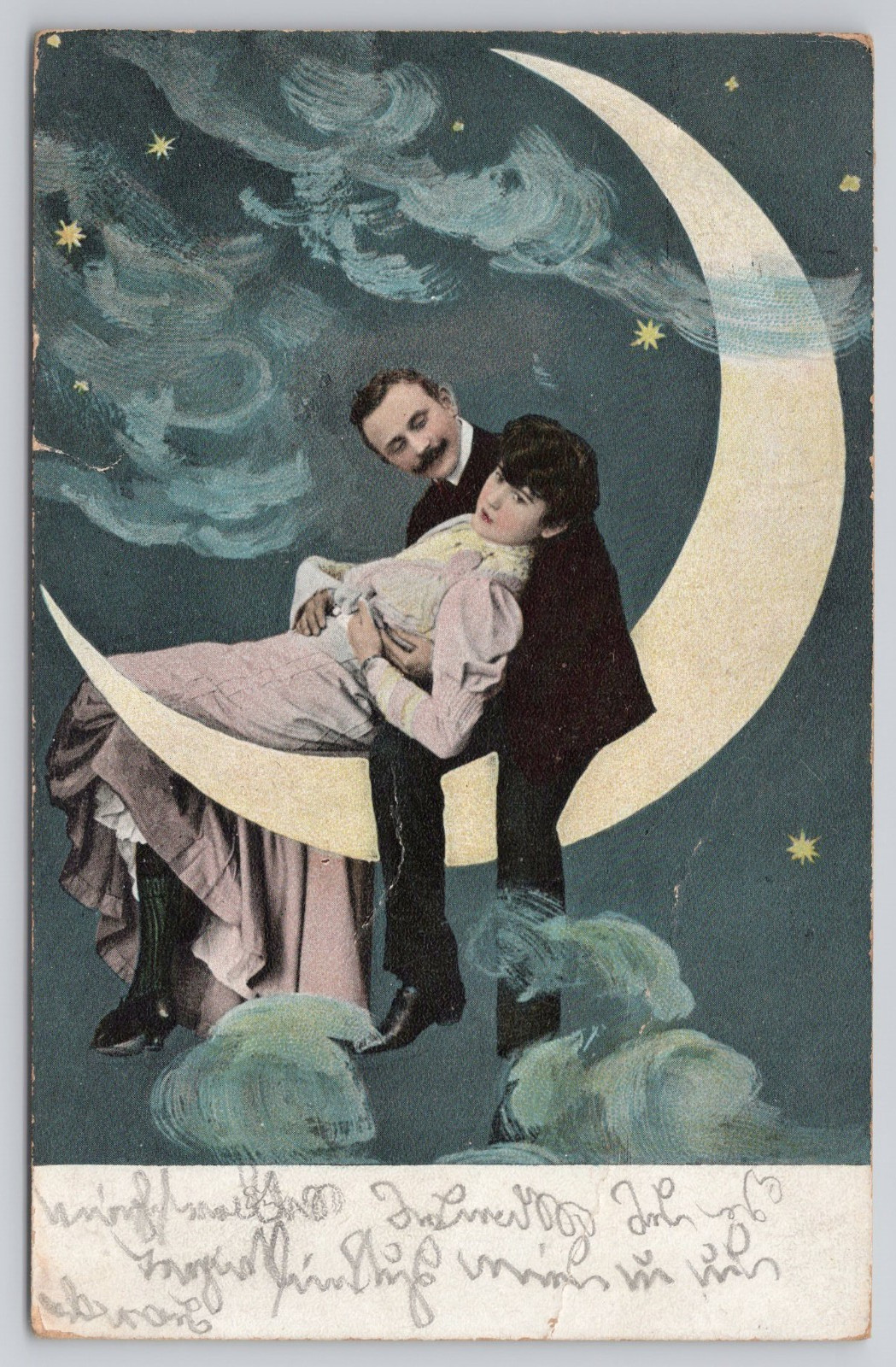 1908 Antique Paper Moon Postcard Romantic Couple Celestial Night Clouds Austria 1908 Antique Paper Moon Postcard Romantic Couple Celestial Night Clouds Austria