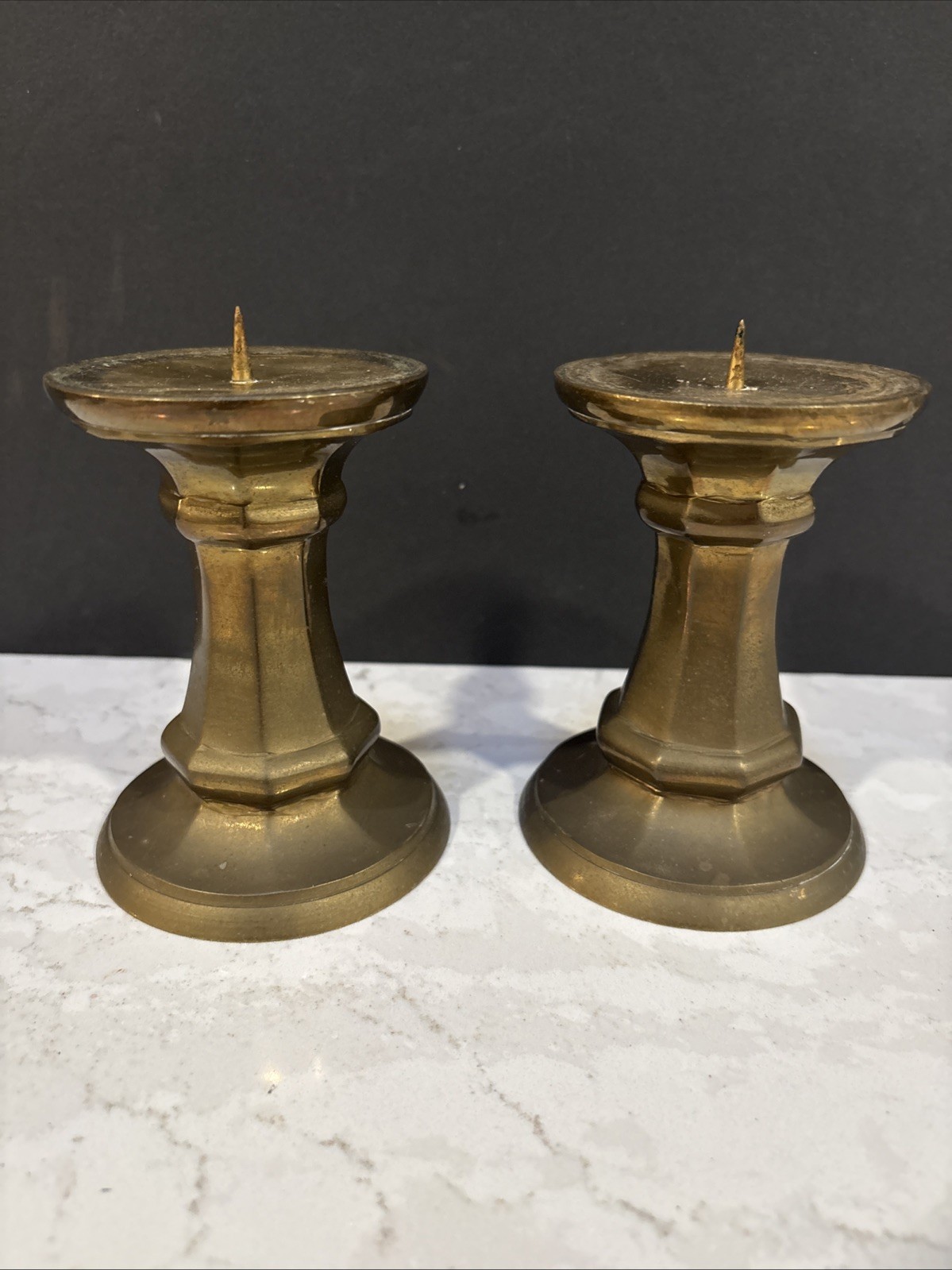 VINTAGE Solid Brass Pricket Pillar Candle Holders, Made in India, Octagonal Base VINTAGE Solid Brass Pricket Pillar Candle Holders, Made in India, Octagonal Base