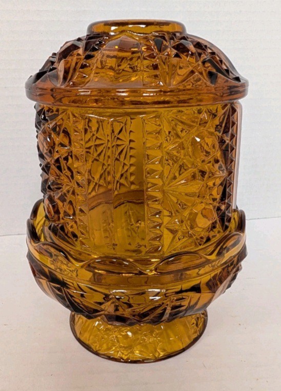 VTG 2PC. Indiana Amber Glass Large Fairy Lamp Stars & Bars 1970’s 6.5\