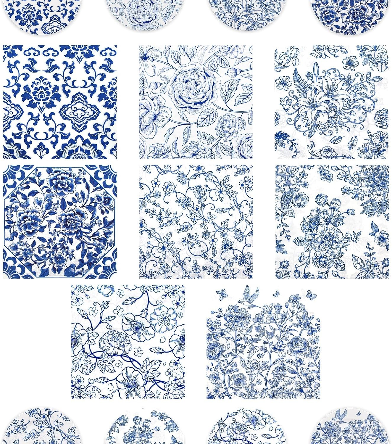 16 Pack Decoupage Napkins 8 Styles Blue Assorted Vintage Floral Printed Paper
