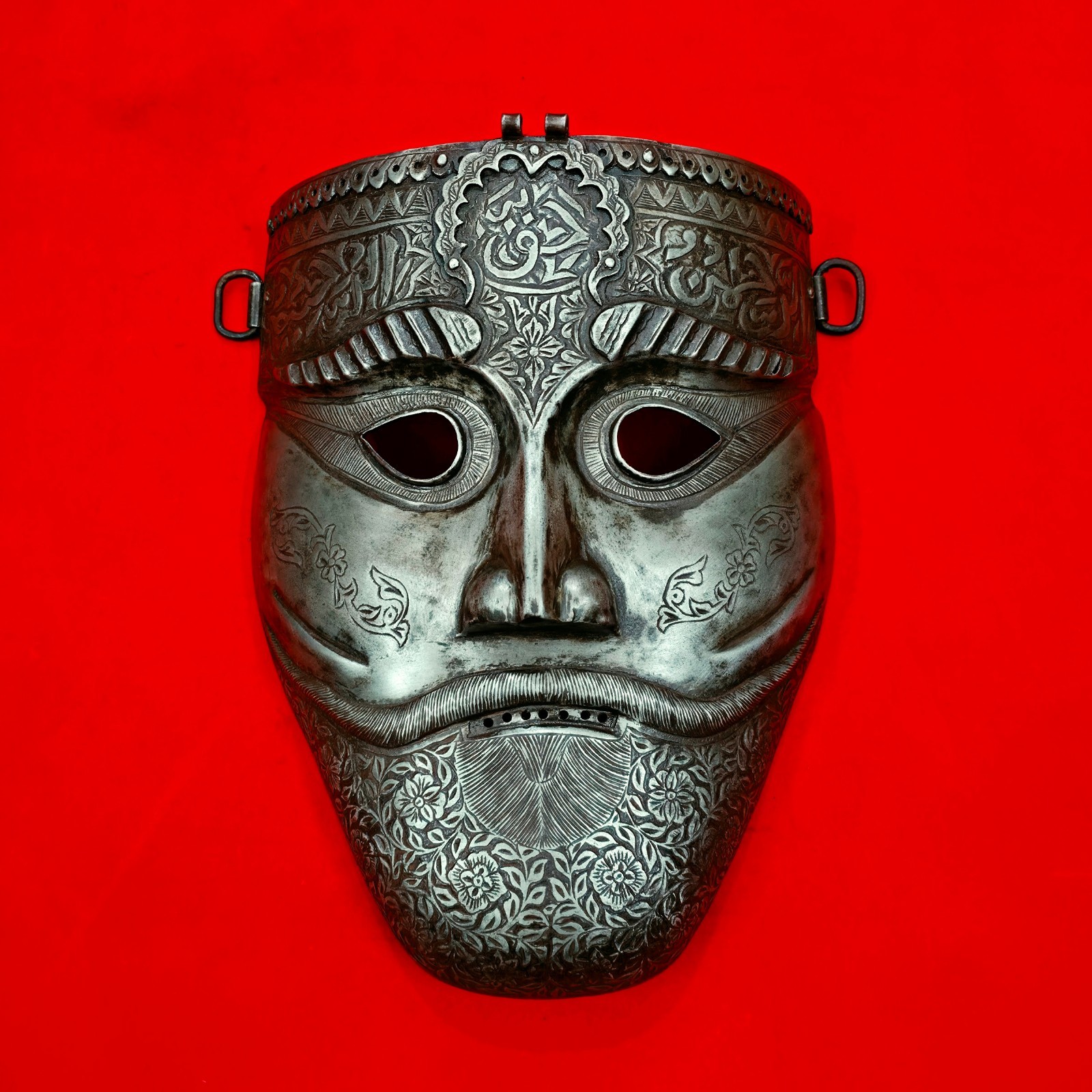 VINTAGE IRON MUGHAL INDO PERSIAN ISLAMIC WARRIOR\'S FACE MASK ARABIC INSCRIPTION