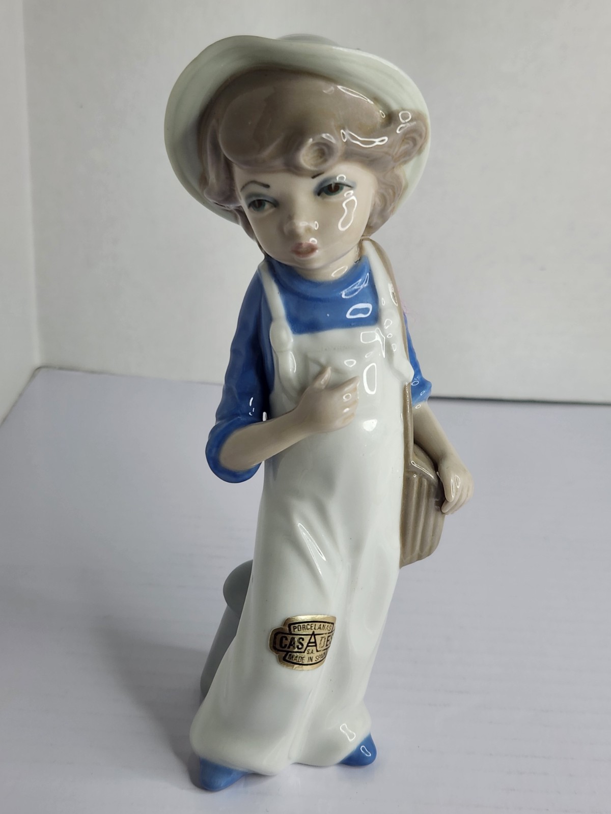 Vintage Casades Porcelanas Spain Porcelain Figurine Girl in Overalls Hat 7” Tall