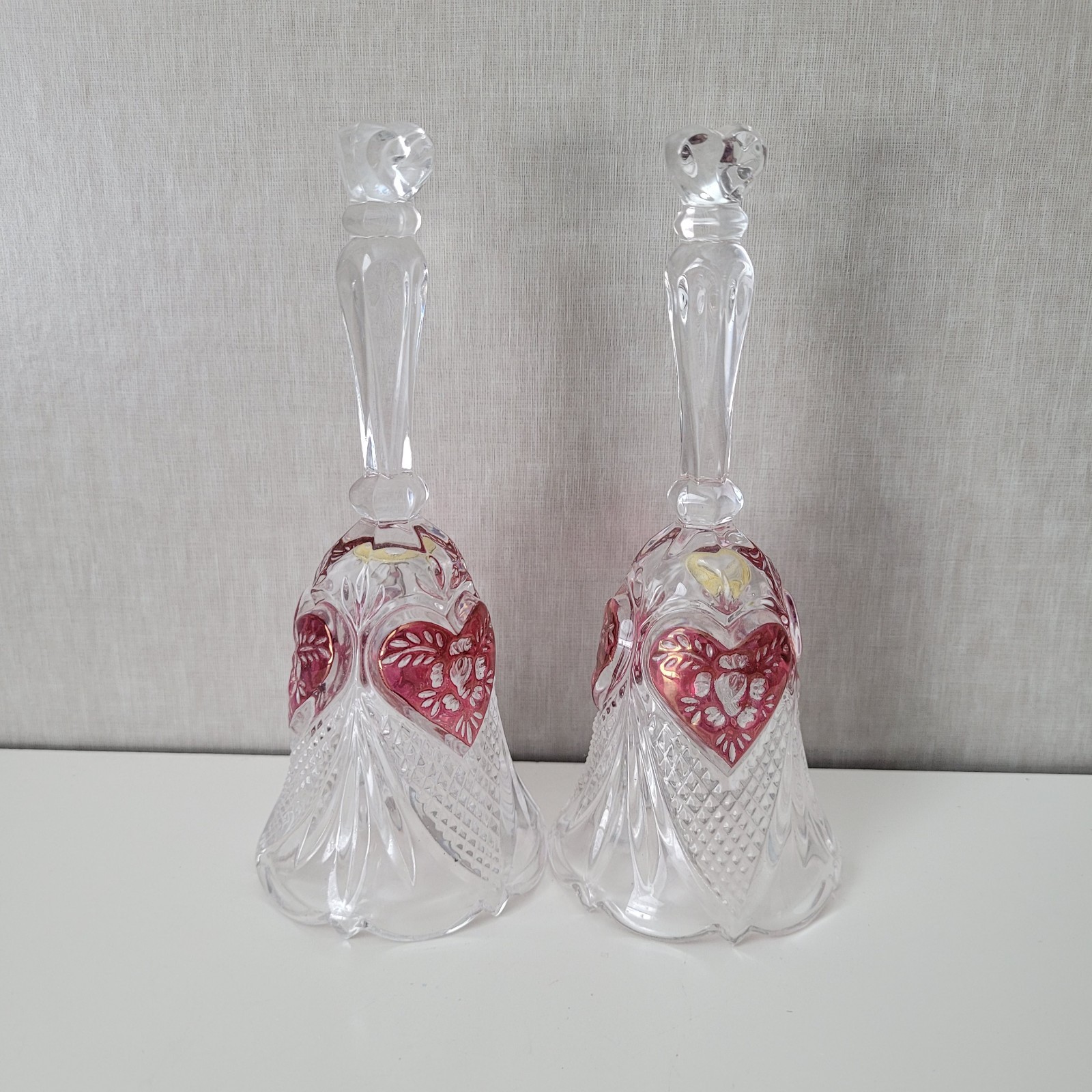 Vintage Enesco West Germany 24% Lead Crystal Cranberry Heart Dinner Bells...