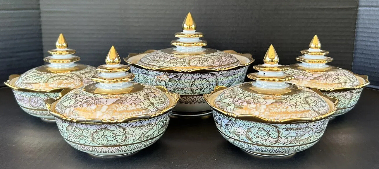 Thai Benjarong Porcelain Rice Bowls Set (5) Pattaya Handpainted 18k Gold