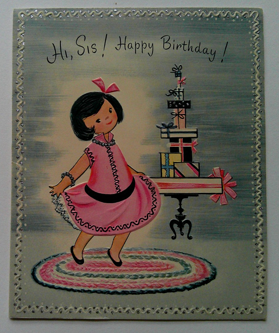 Swell Sis girl w presents embossed vintage Birthday greeting card #B23