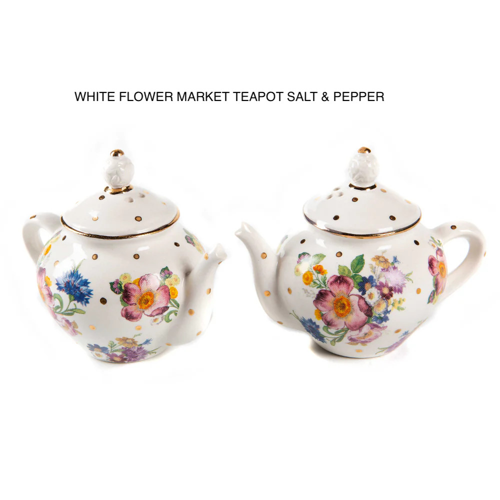 MacKenzie White Flower Market Teapot Salt & Pepper Shakers Childs New In Box