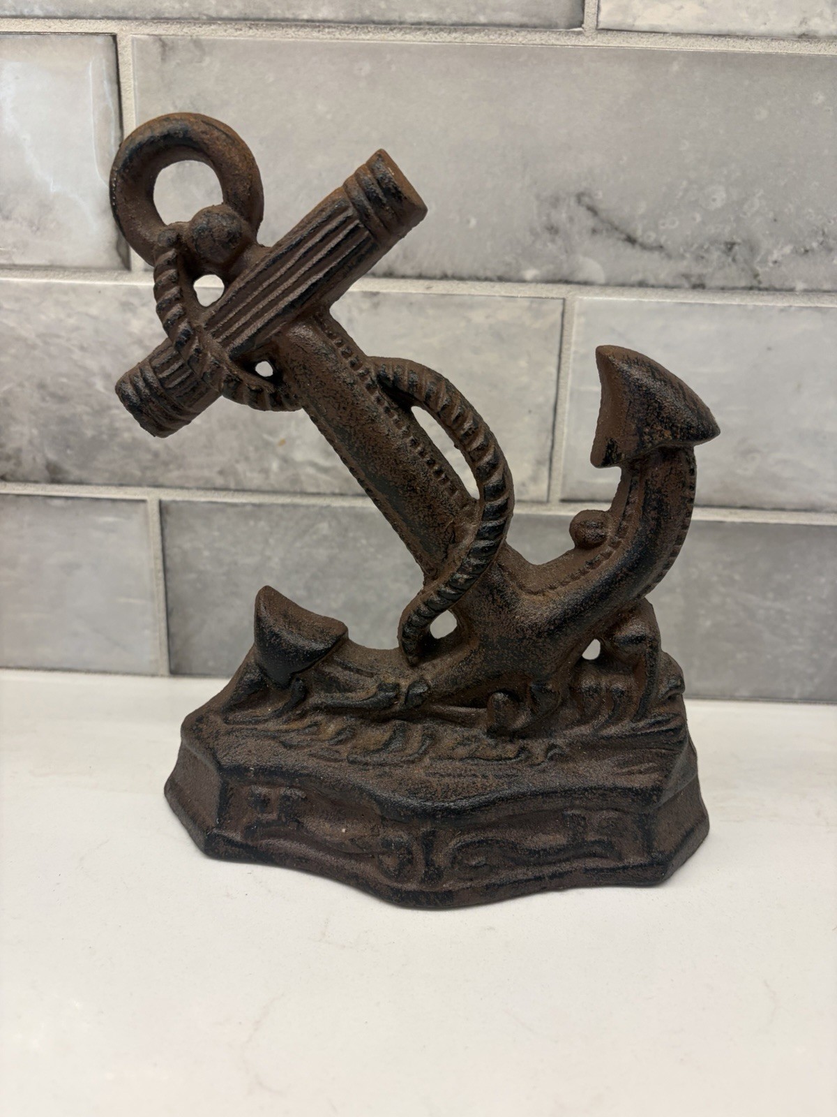 Vintage Cast Iron Anchor Doorstop Bookend 8” Nautical Metal Statue Rope Design