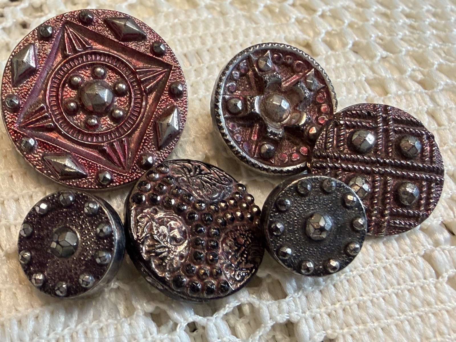 6 Antique RARE RED Luster  Black Glass Buttons EXCELLENT CONDITION