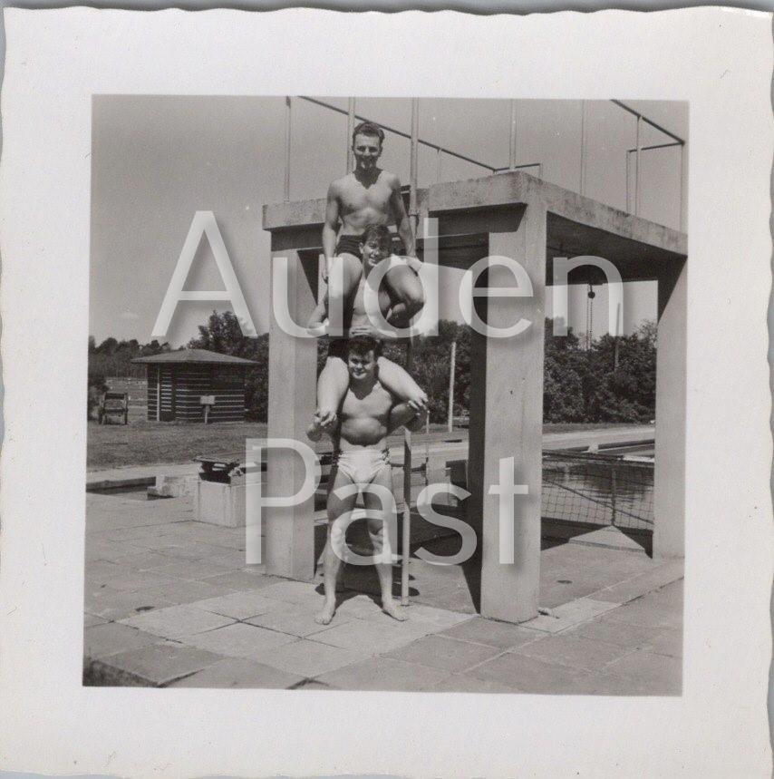 Frank Eric And Tony At Wunstorf Pool 1955 Soldiers Real Photo 72.31x72.73mm