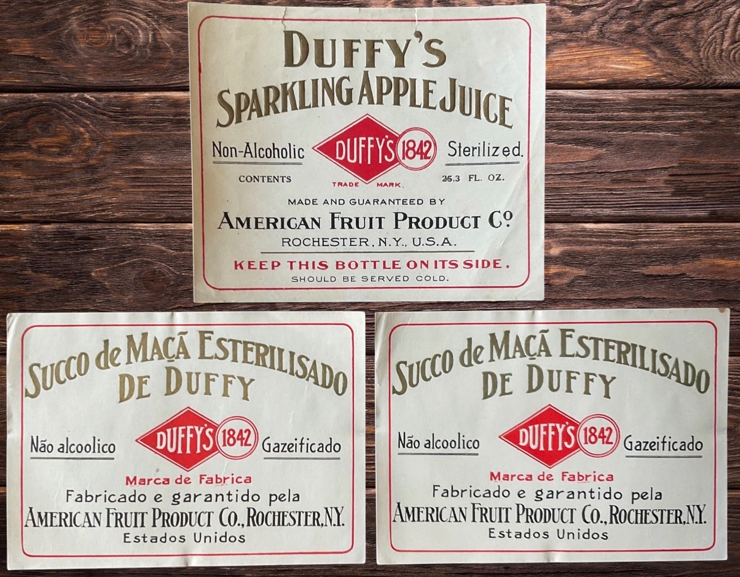 Vintage Duffys Sparkling Apple Juice Labels Rochester NY Portuguese Export 1900s