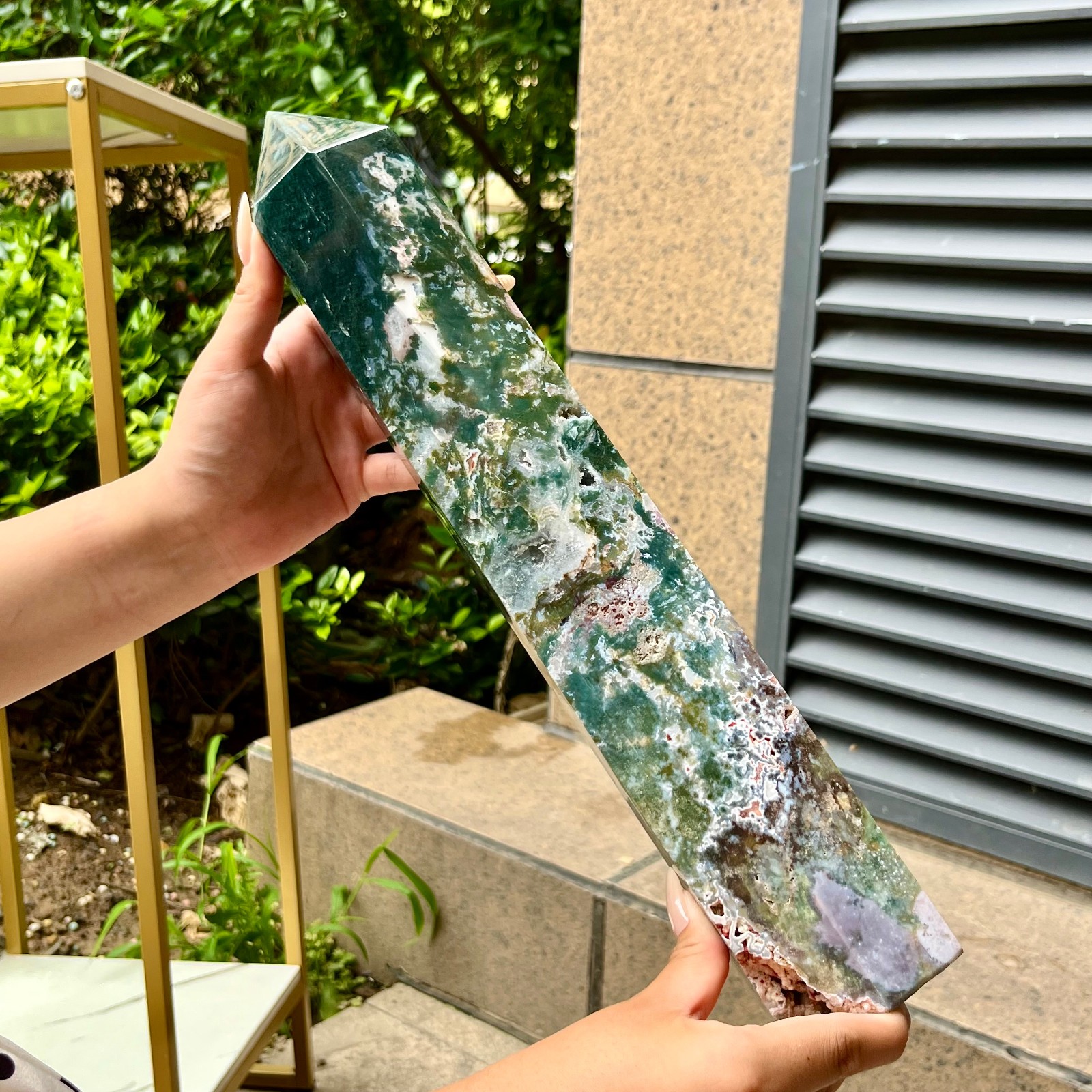 6.9 LB  Natural Green Moss Agate Obelisk Crystal Holiday Gift Home Office Decor