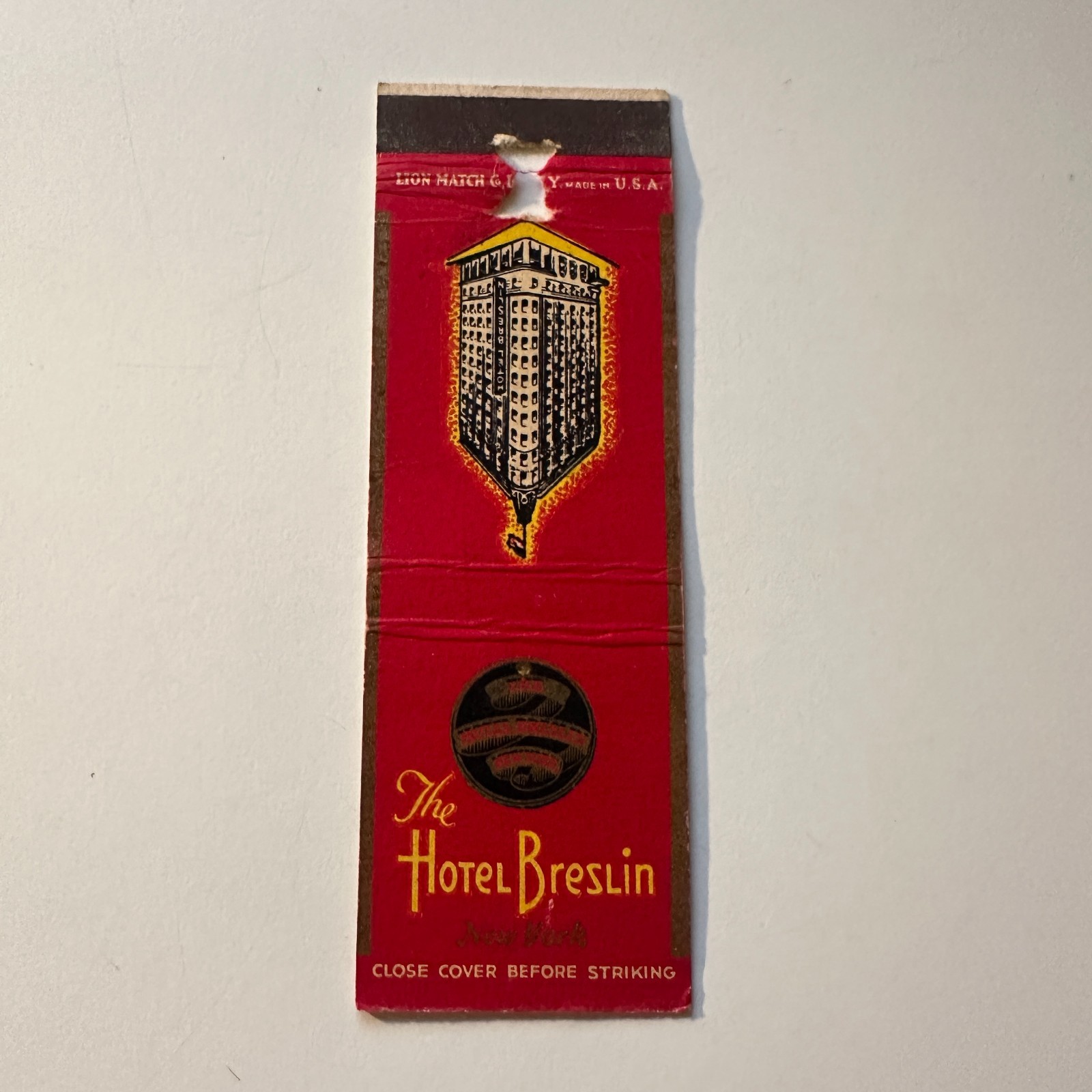 The Hotel Breslin Red Background Hotel Bldg NY Vintage Matchbook Cover 5MB126-4