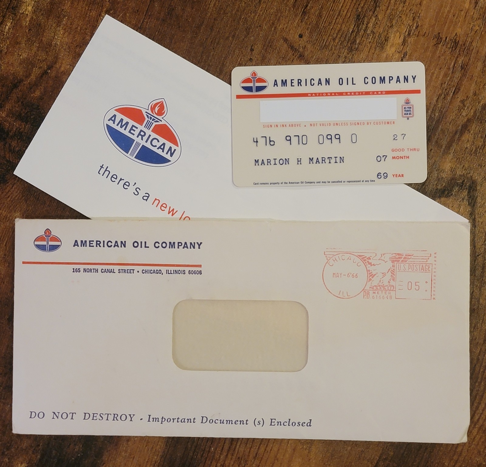 Vintage Standard American Oil Company Credit Charge Card & Envelope Expired 1969