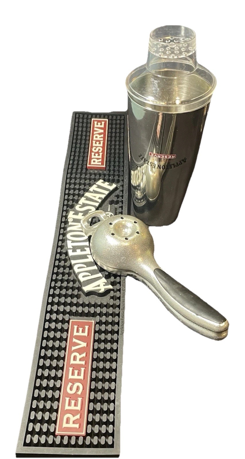 Appleton Estate Reserve Barware - Citrus Juicer, Cocktail Shaker & Bar Rail Mat