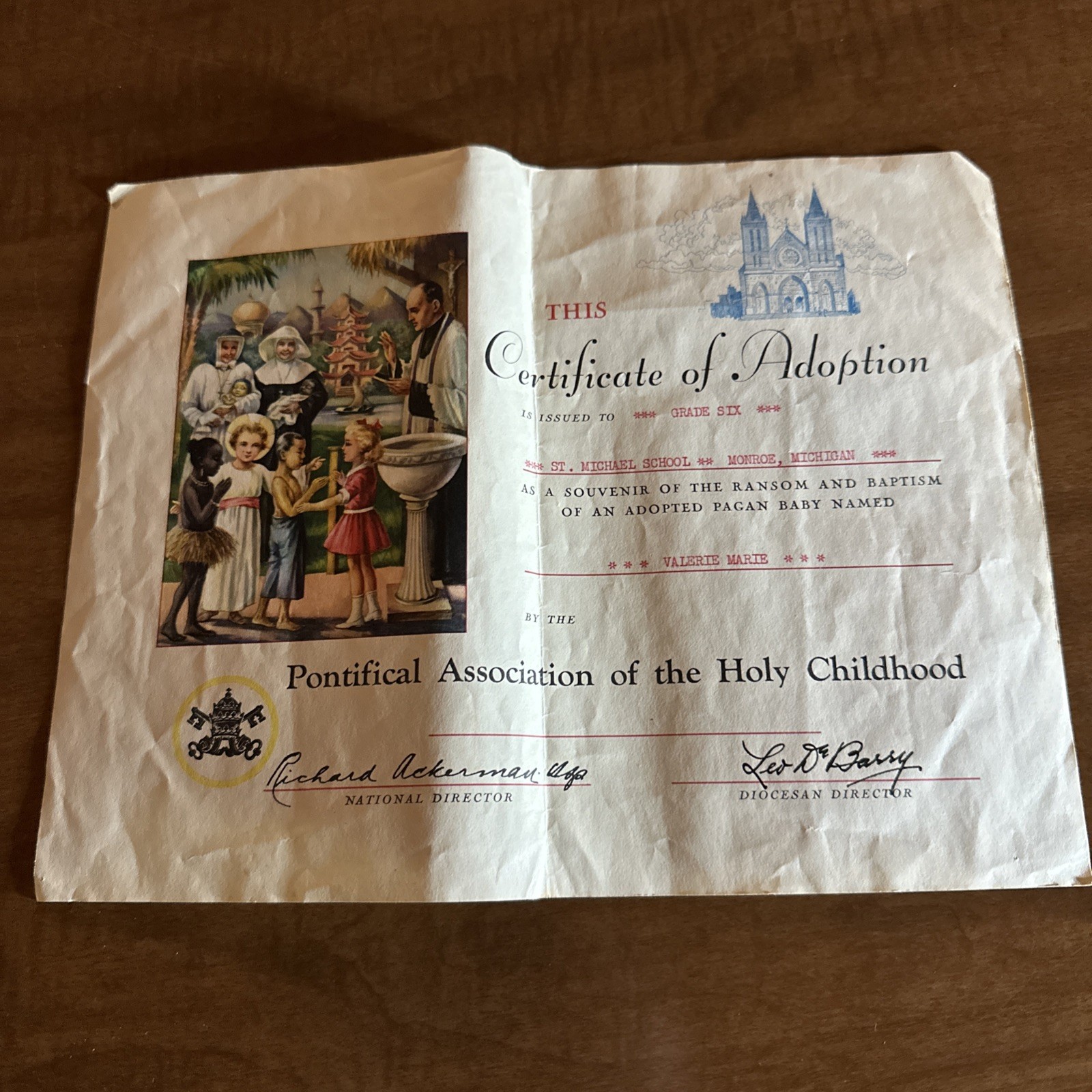 Monroe Mich - Cert. of Adoption - Pontifical Association of the Holy Childhood