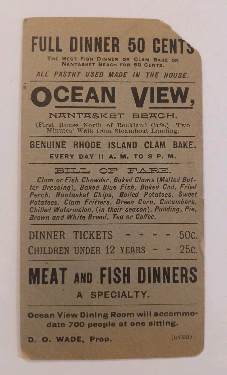 Rare Late 1800's Advertising Trade Card Ocean View Clam Bake Nantasket Beach MA