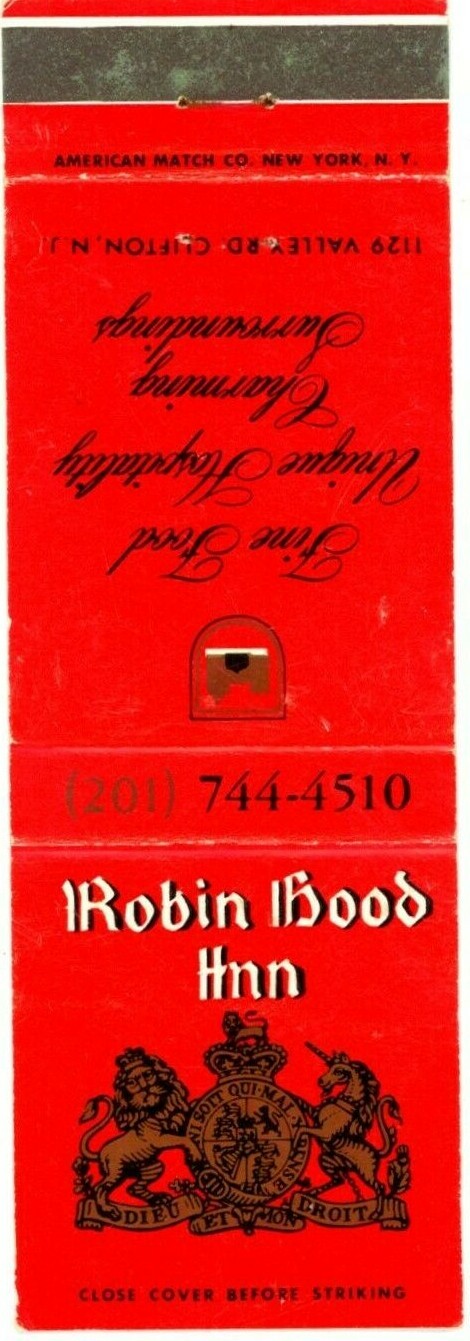 Robin Hood Inn Clifton NJ Vintage Matchbook Cover 1970s