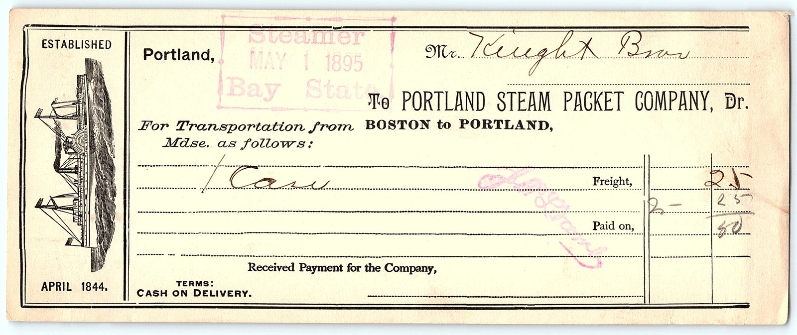 1895 Portland Steam Packet Co. billhead w/steamboat