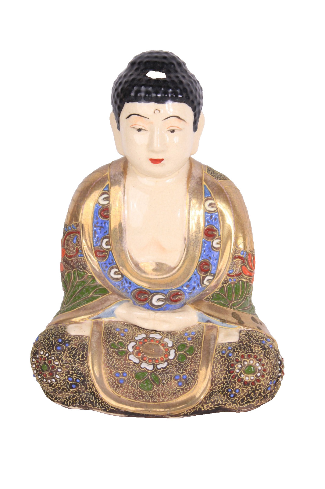 Vintage Japanese Satsuma Porcelain Buddha Statue Moriage Gilt Hand Painted Figur