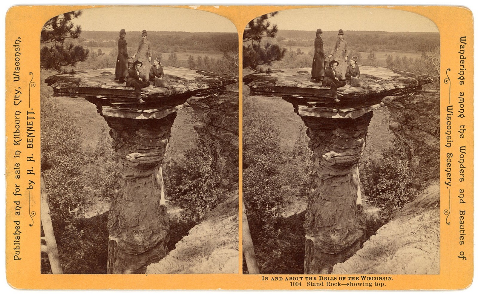 WISCONSIN DELLS STEREOVIEW - Tourists On Stand Rock - HH Bennett 1880s OVERSIZED